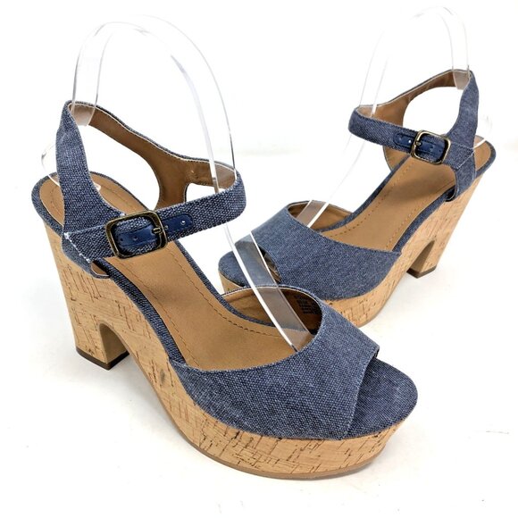 14th & Union Shoes - 14th & Union Sandals Womens 8.5M Blue Fabric Peep Toe Slingback Chunky Cork Heel